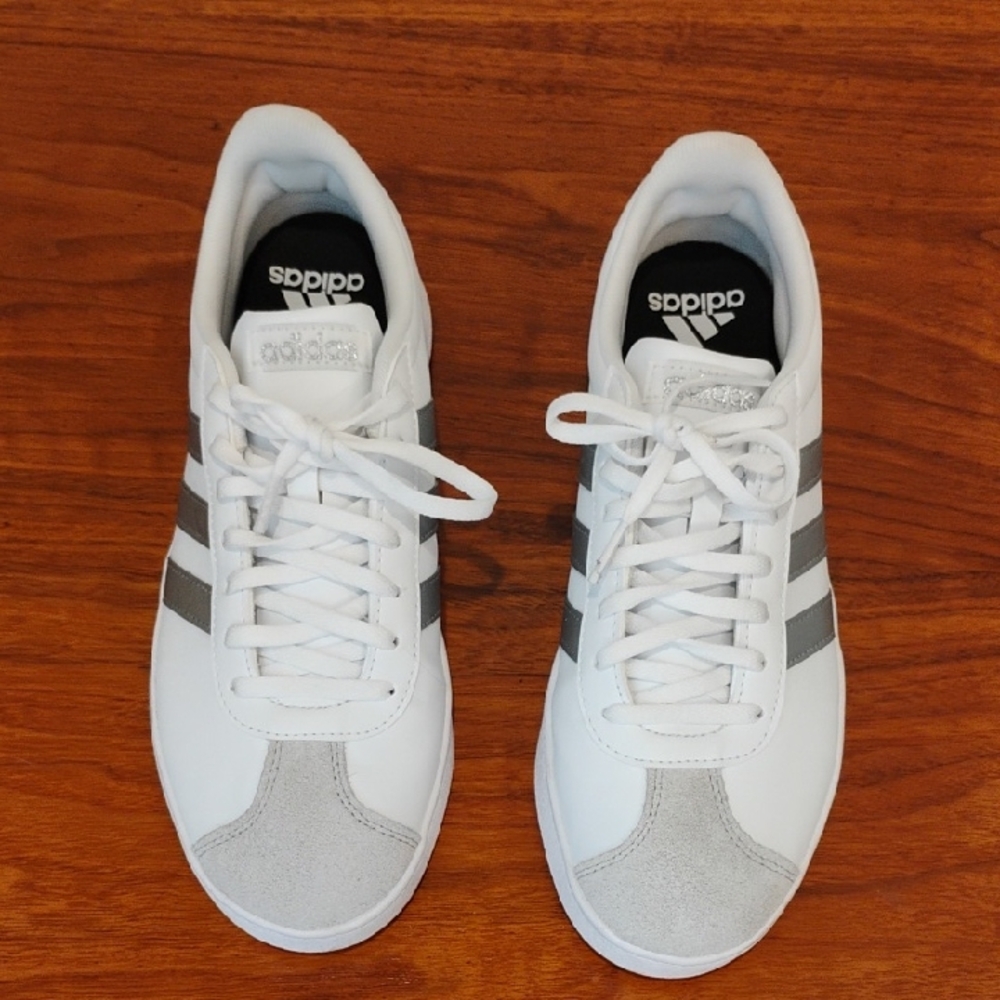 Adidas Women's White and Silver Sneakers Size 9